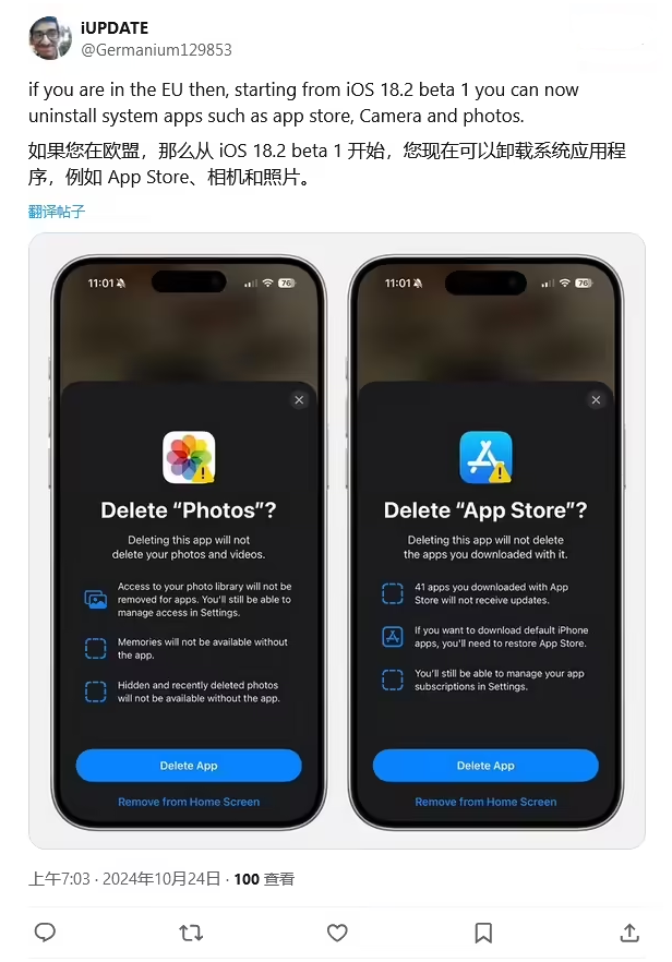 崇义苹果手机维修分享iOS 18.2 支持删除 App Store 应用商店 