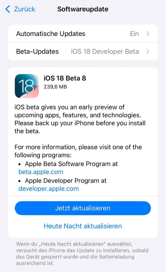 崇义苹果手机维修分享苹果 iOS / iPadOS 18 开发者预览版 Beta 8 发布 